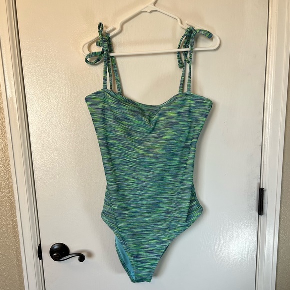 AERIE Blue and Green Cheeky One Piece Shoulder Tie Bathing Suit | XL - Picture 2 of 10